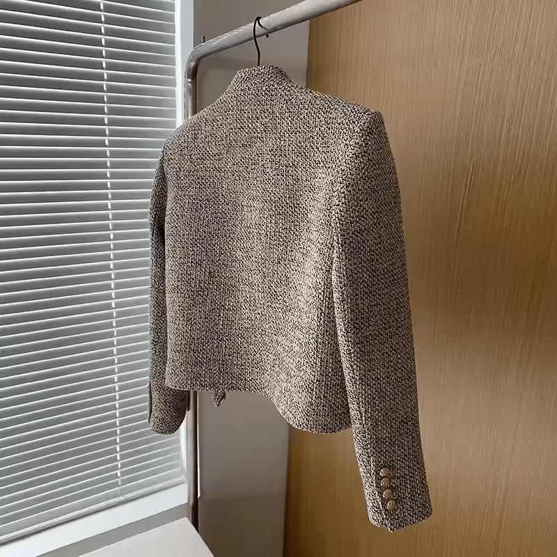 Classic Tweed Jacket with Gold Buttons and Stand Collar