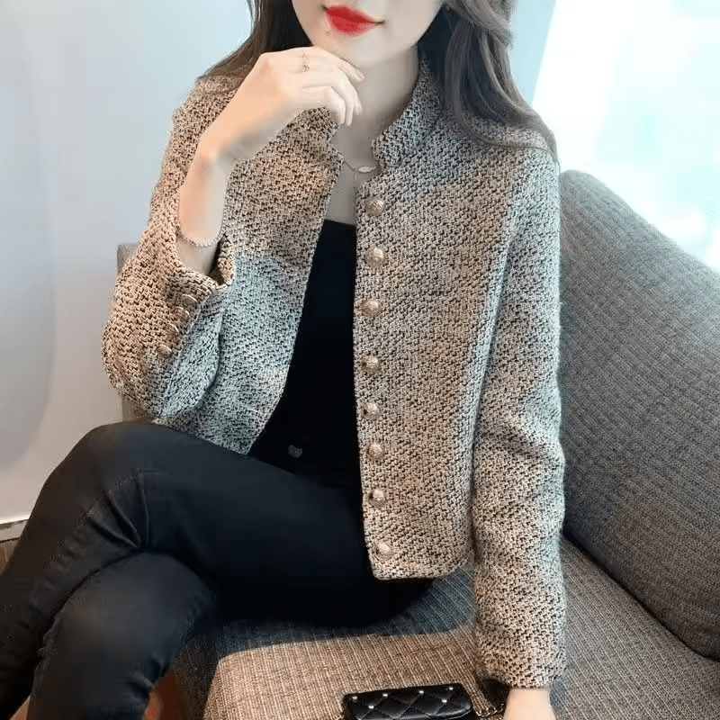 Classic Tweed Jacket with Gold Buttons and Stand Collar