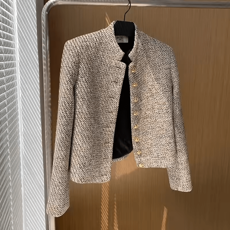 Classic Tweed Jacket with Gold Buttons and Stand Collar