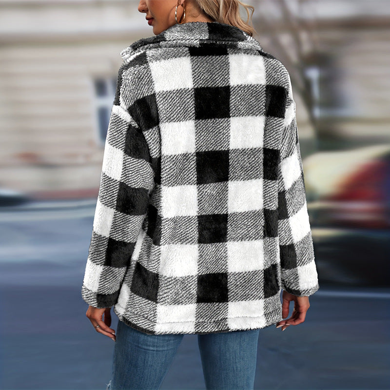 Cosy Check Teddy Shacket with Button Front and Collar