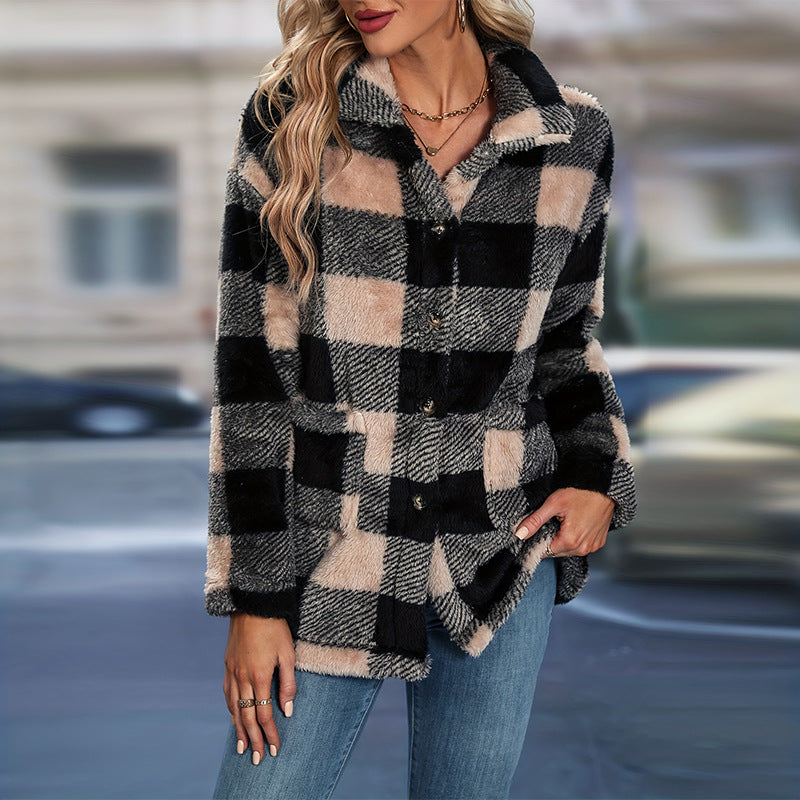 Cosy Check Teddy Shacket with Button Front and Collar