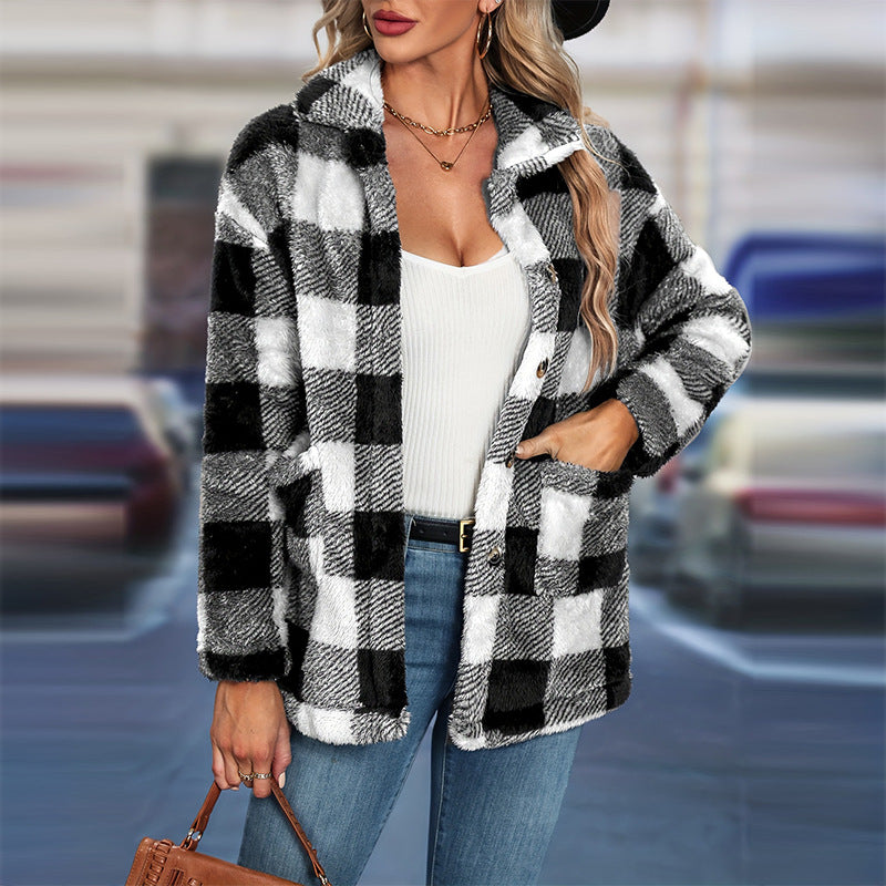 Cosy Check Teddy Shacket with Button Front and Collar