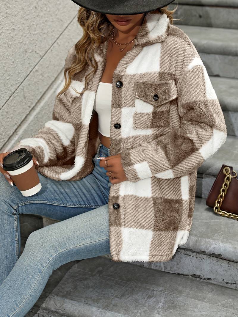 Cosy Plaid Fleece Shacket with Chest Pockets