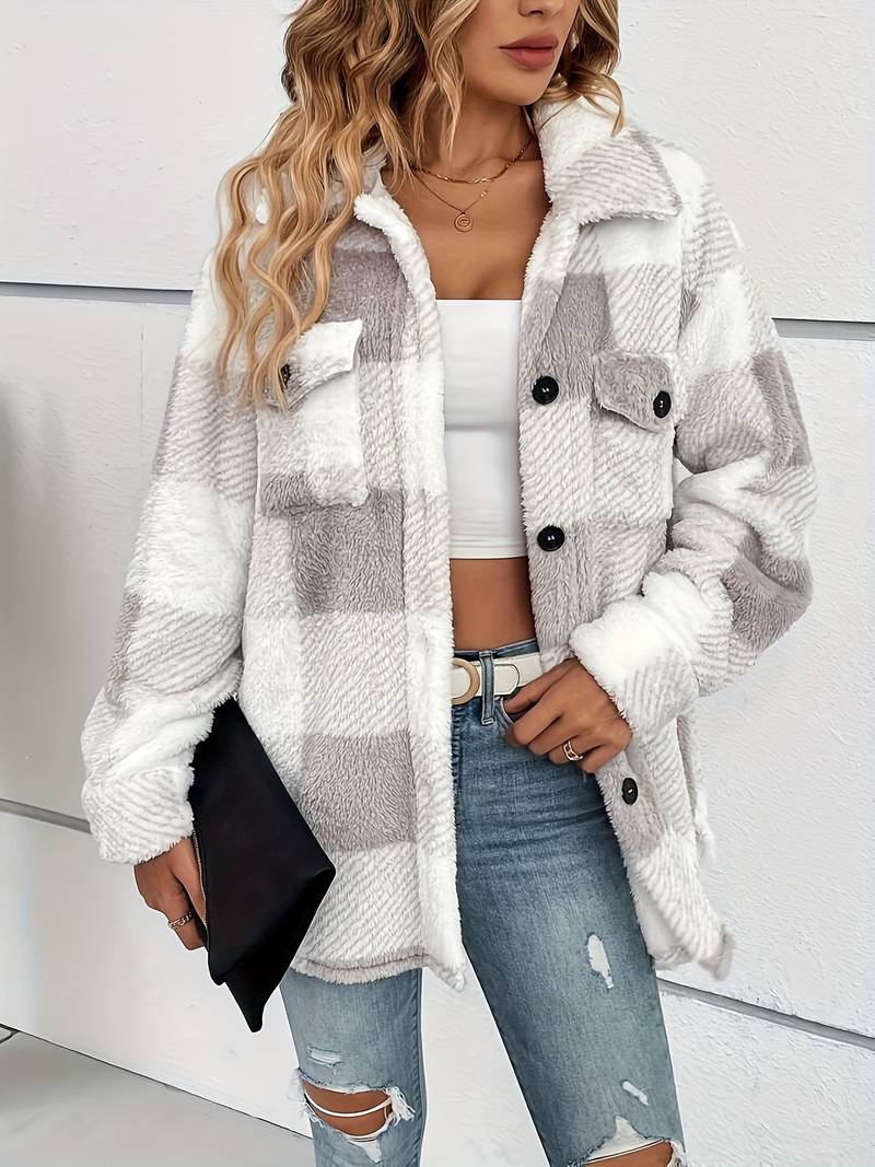 Cosy Plaid Fleece Shacket with Chest Pockets