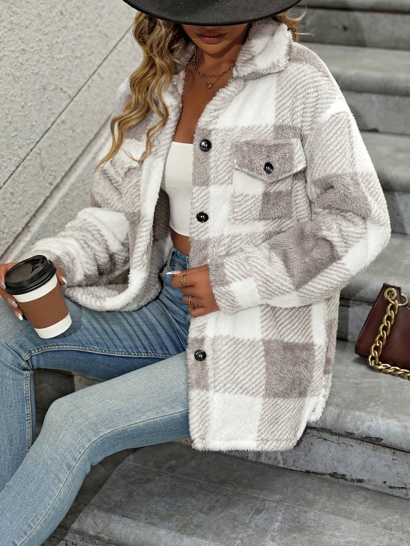 Cosy Plaid Fleece Shacket with Chest Pockets