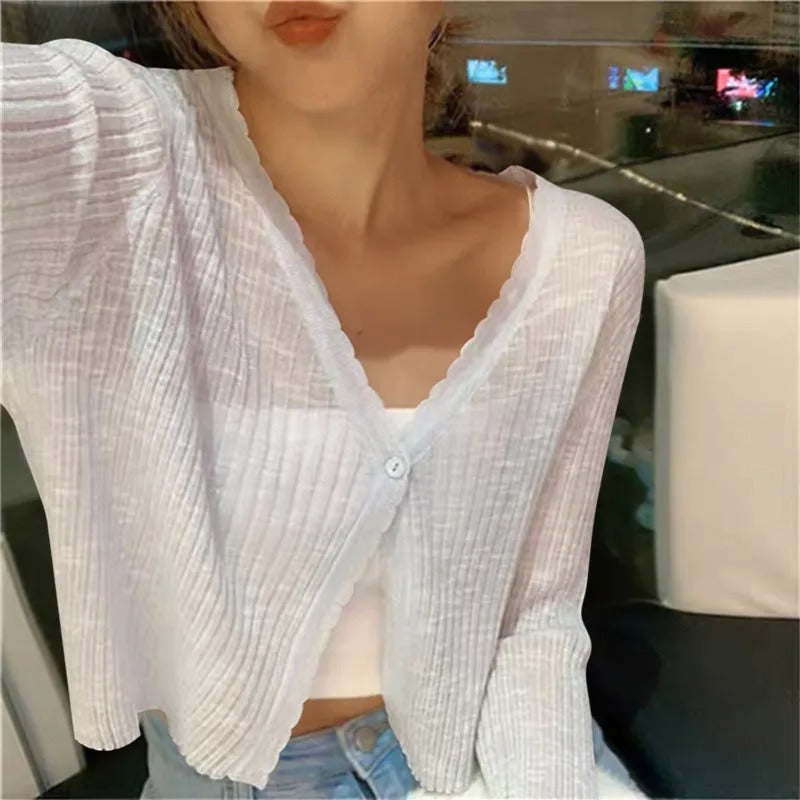 Cropped Cardigan with Lettuce Edge Trim and V-Neckline
