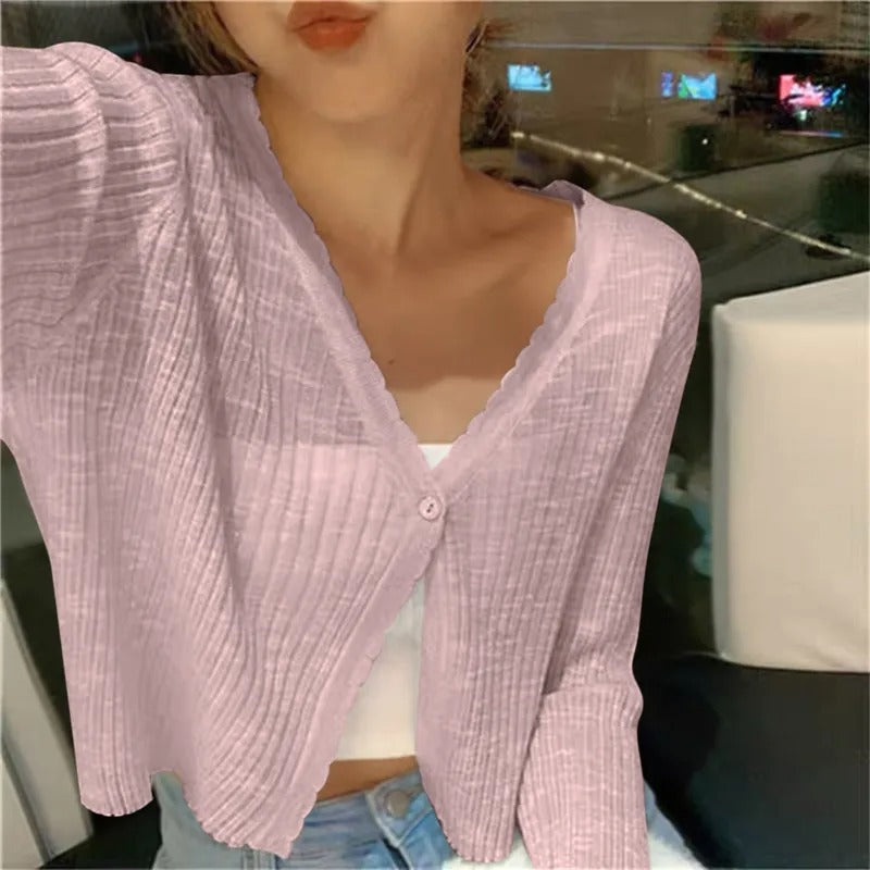 Cropped Cardigan with Lettuce Edge Trim and V-Neckline