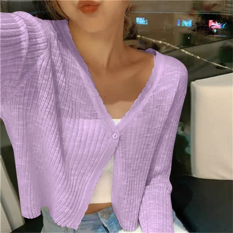 Cropped Cardigan with Lettuce Edge Trim and V-Neckline