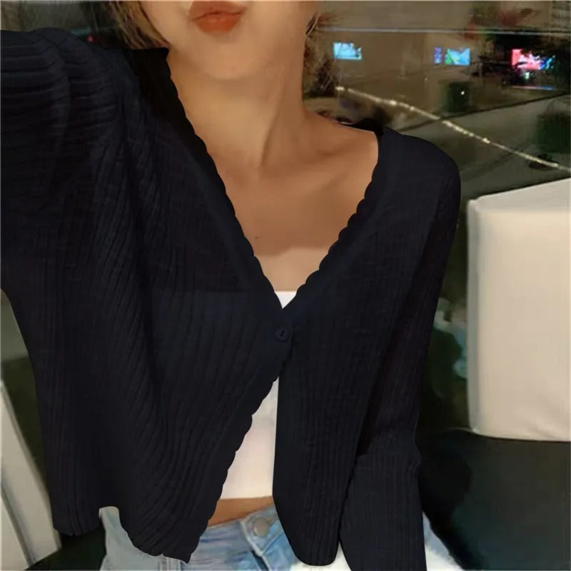 Cropped Cardigan with Lettuce Edge Trim and V-Neckline