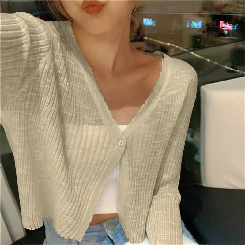 Cropped Cardigan with Lettuce Edge Trim and V-Neckline