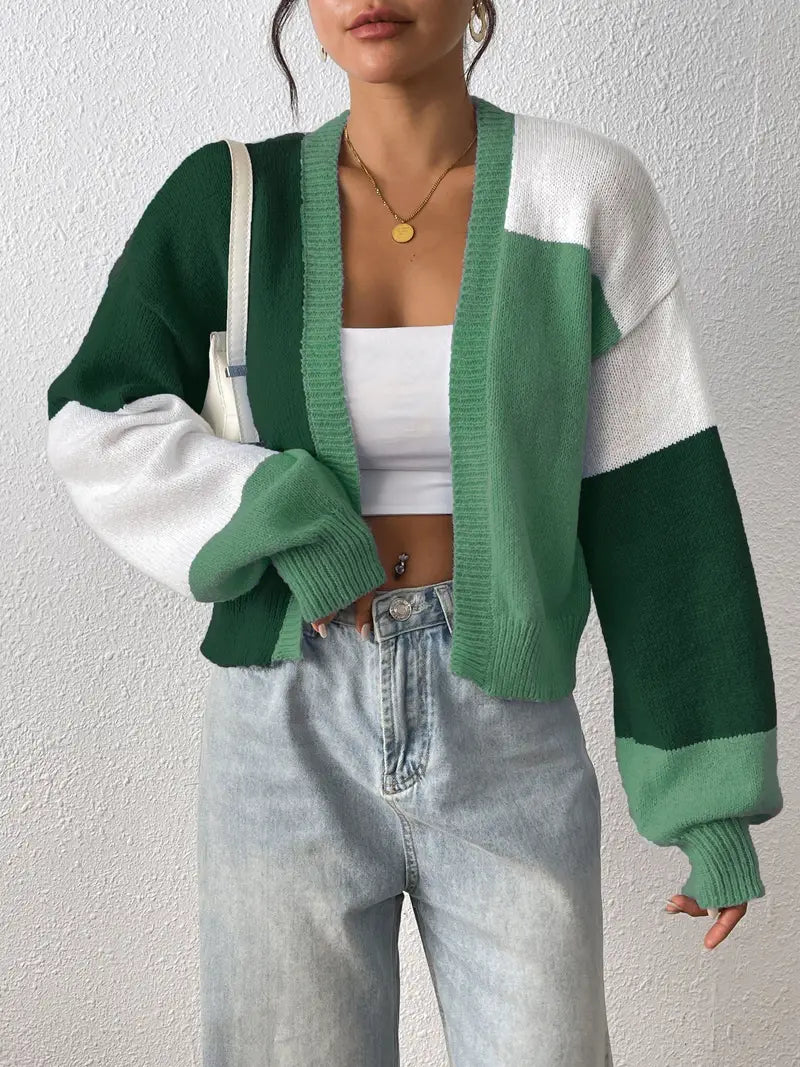 Cropped Colour Block Cardigan with Open Front and Ribbed Cuffs