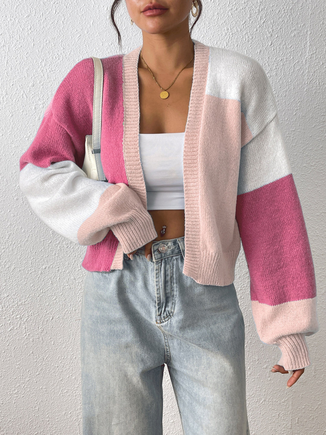 Cropped Colour Block Cardigan with Open Front and Ribbed Cuffs