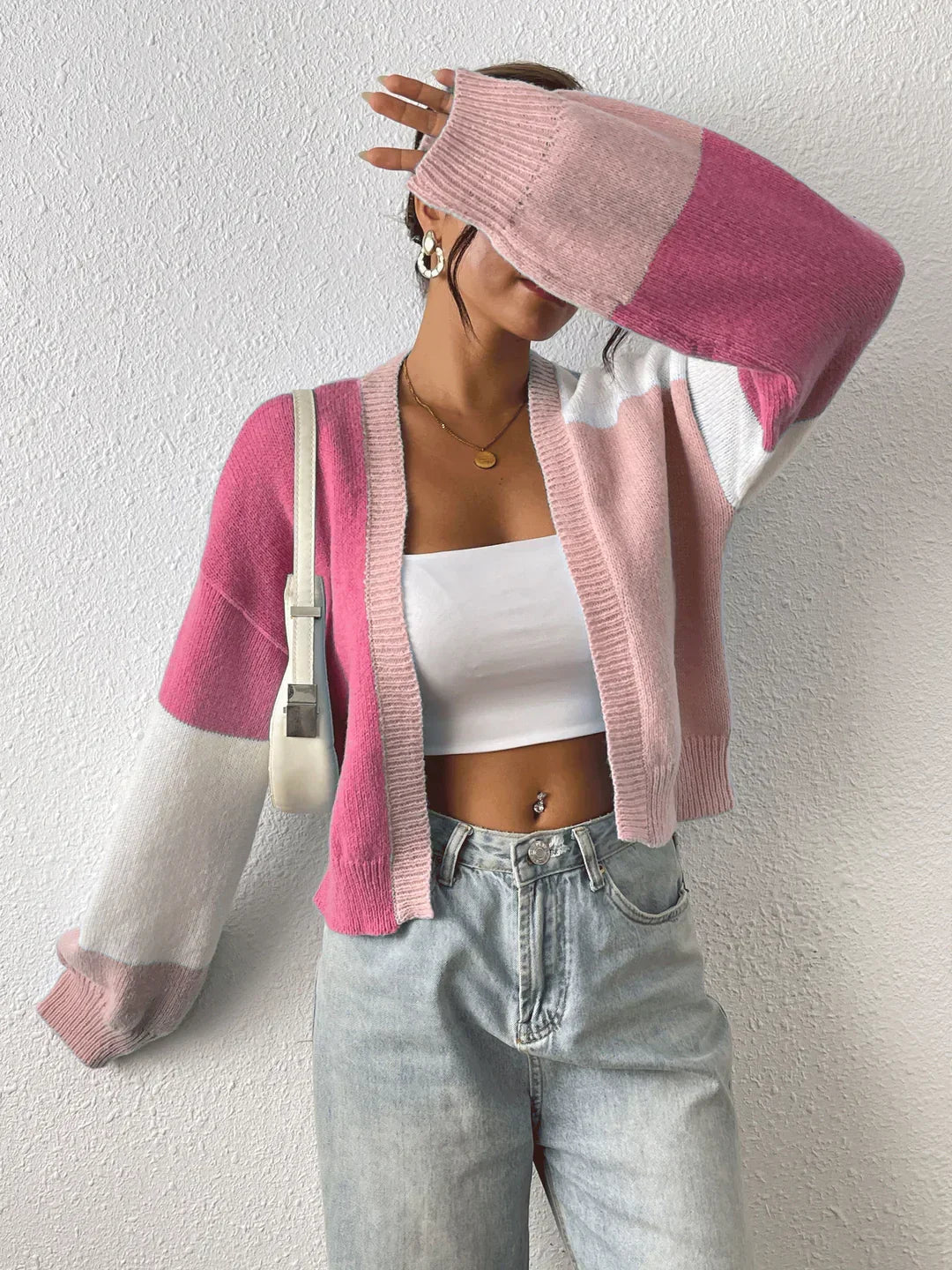 Cropped Colour Block Cardigan with Open Front and Ribbed Cuffs