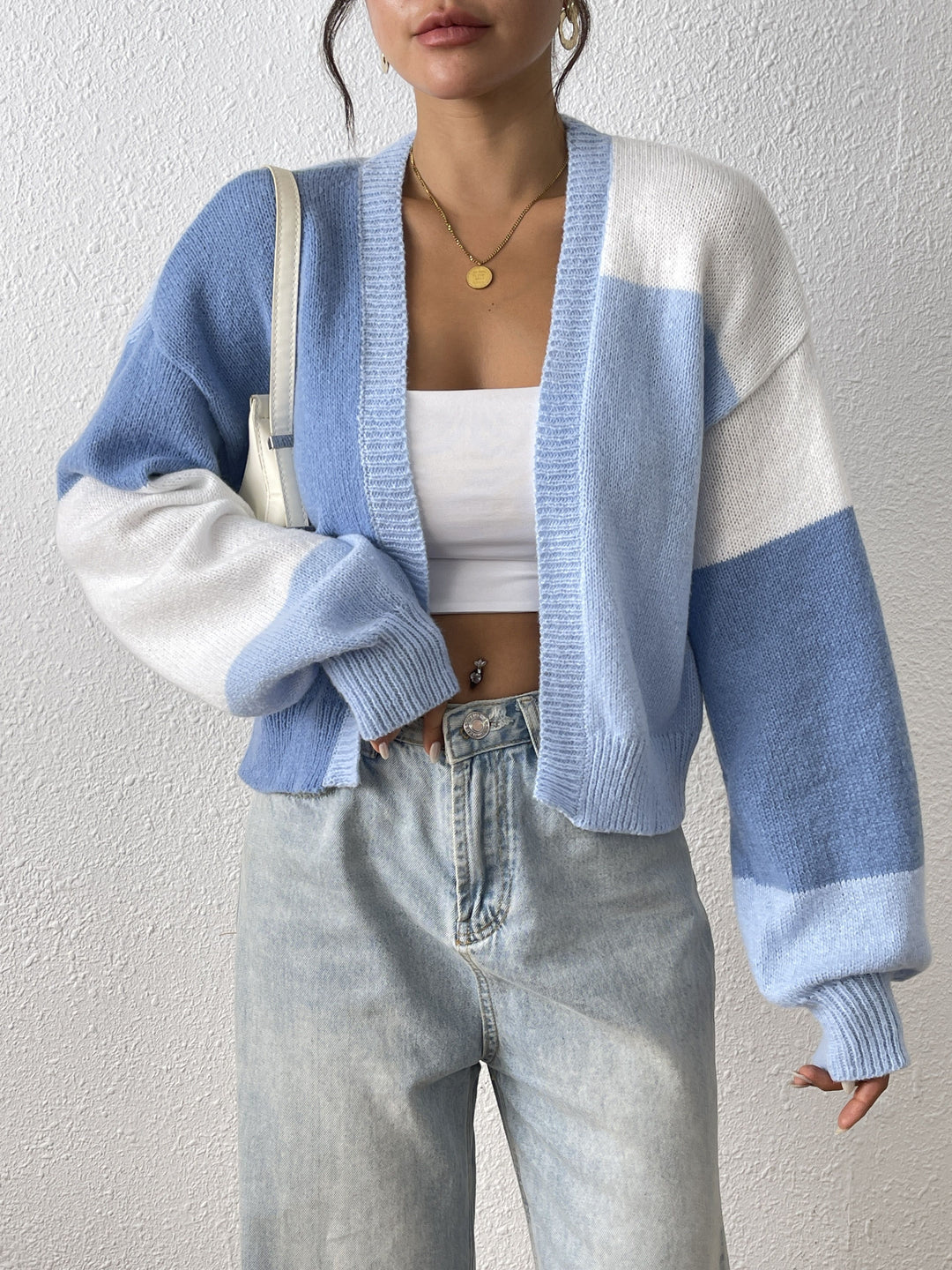 Cropped Colour Block Cardigan with Open Front and Ribbed Cuffs