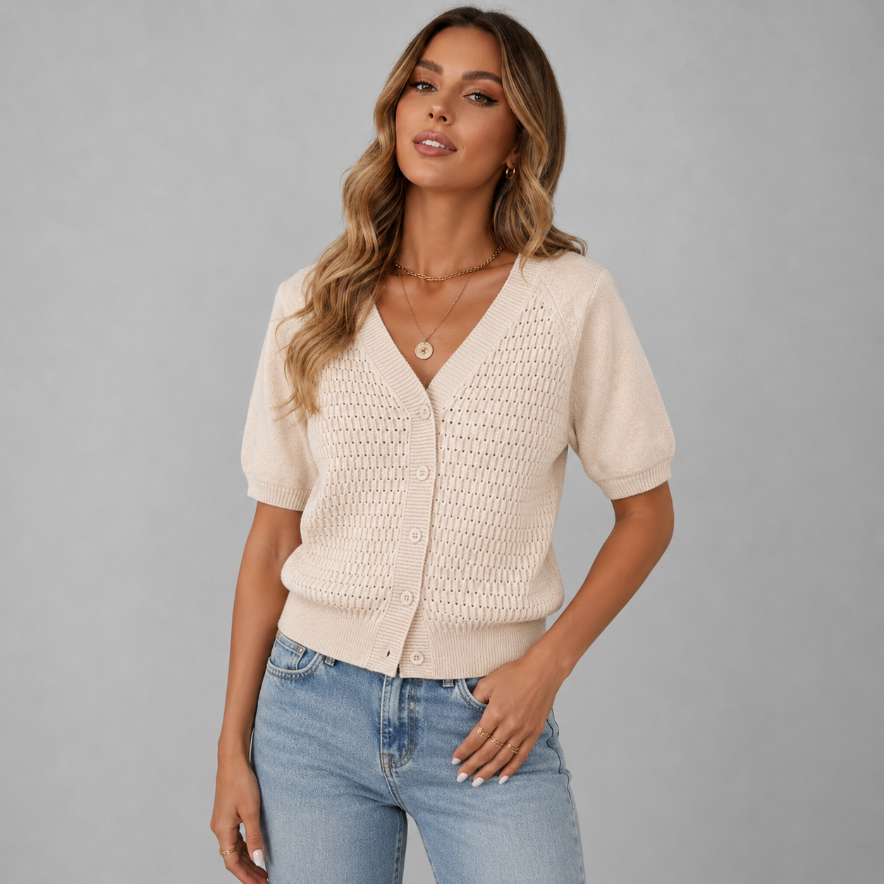 Cropped Knit Cardigan with V-Neckline and Puff Sleeves