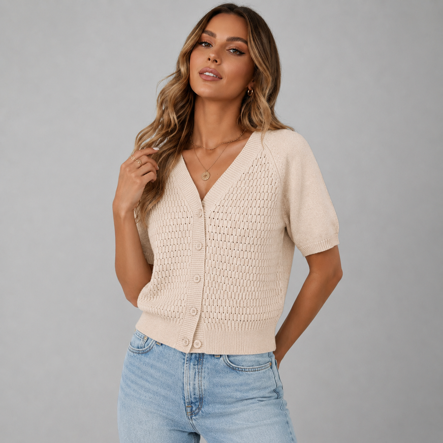Cropped Knit Cardigan with V-Neckline and Puff Sleeves
