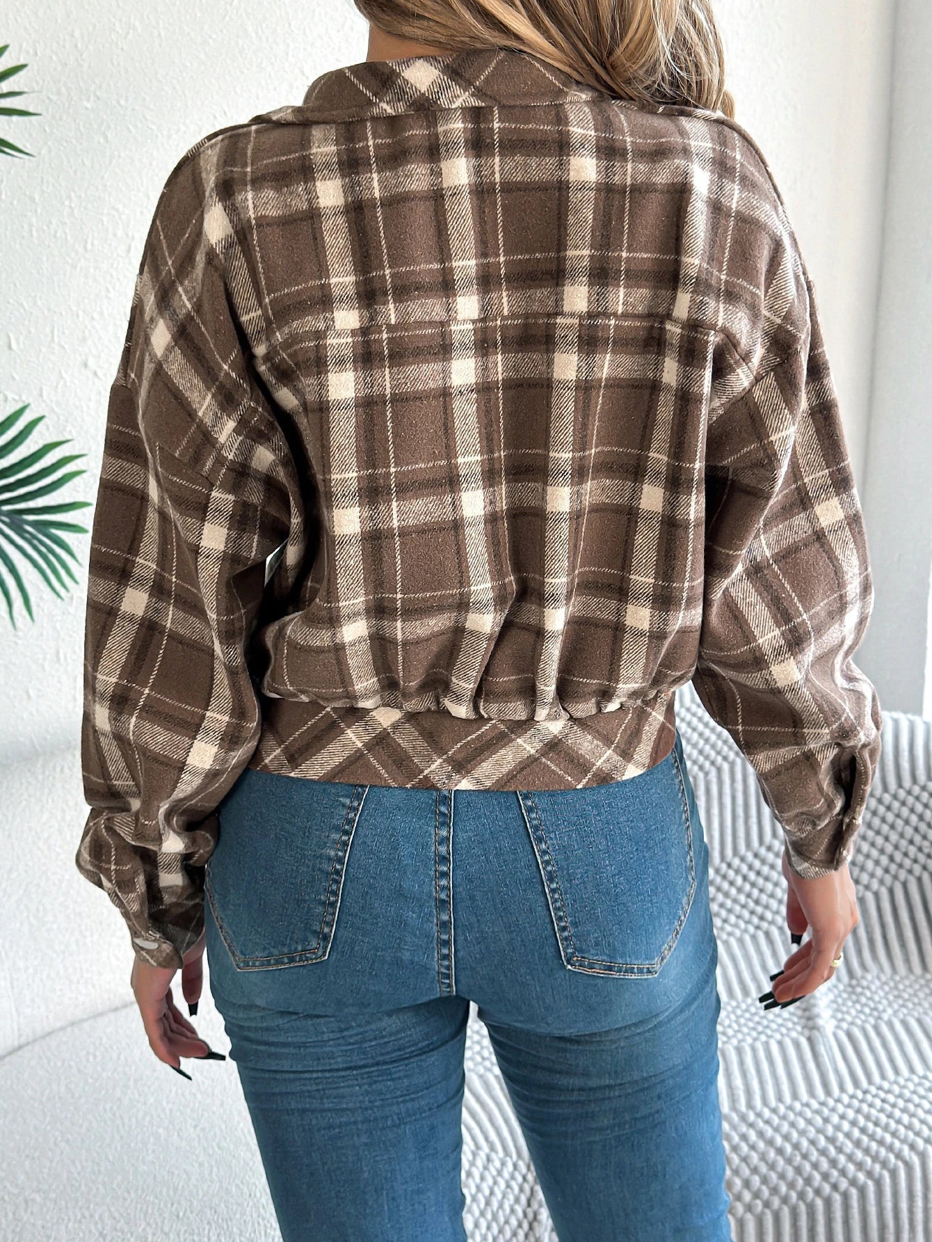 Cropped Plaid Shacket with Button Front and Chest Pockets