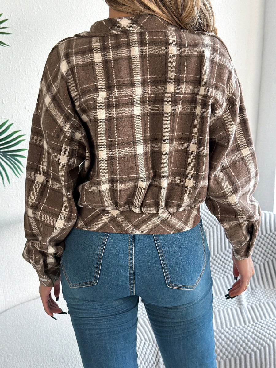 Cropped Plaid Shacket with Button Front and Chest Pockets