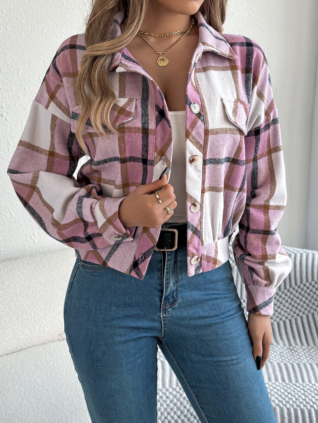 Cropped Plaid Shacket with Button Front and Chest Pockets