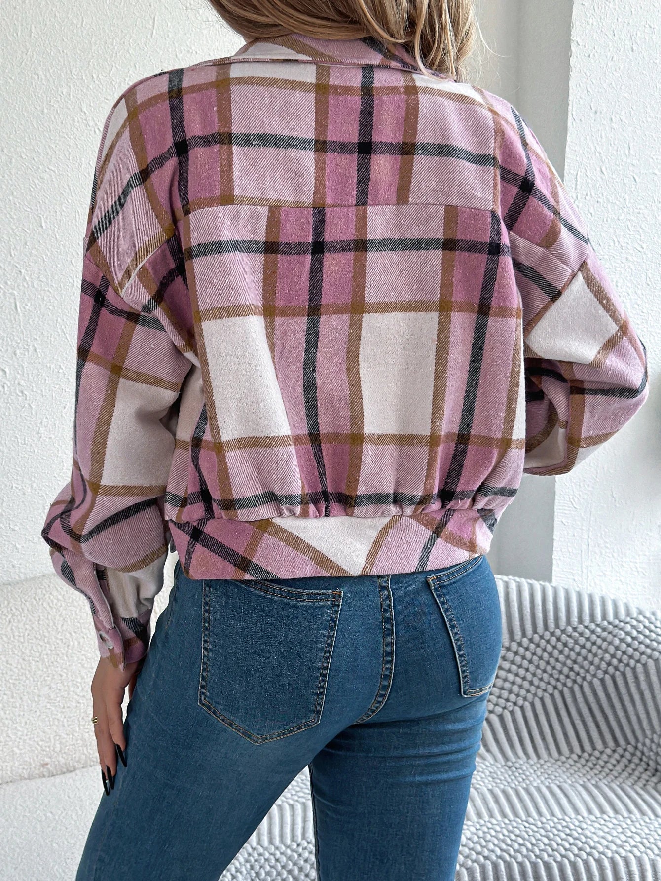 Cropped Plaid Shacket with Button Front and Chest Pockets