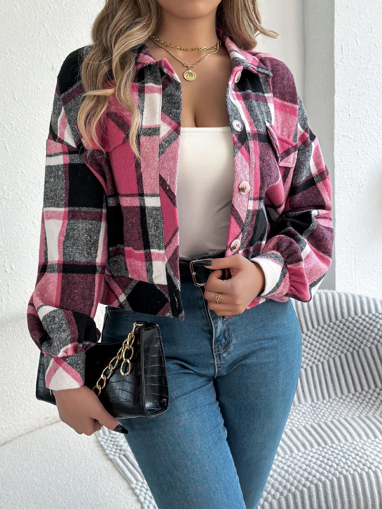 Cropped Plaid Shacket with Button Front and Chest Pockets