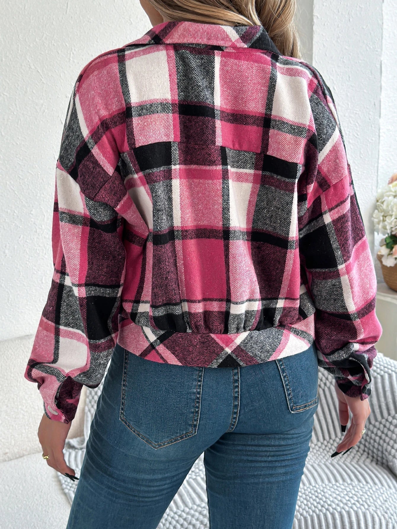 Cropped Plaid Shacket with Button Front and Chest Pockets