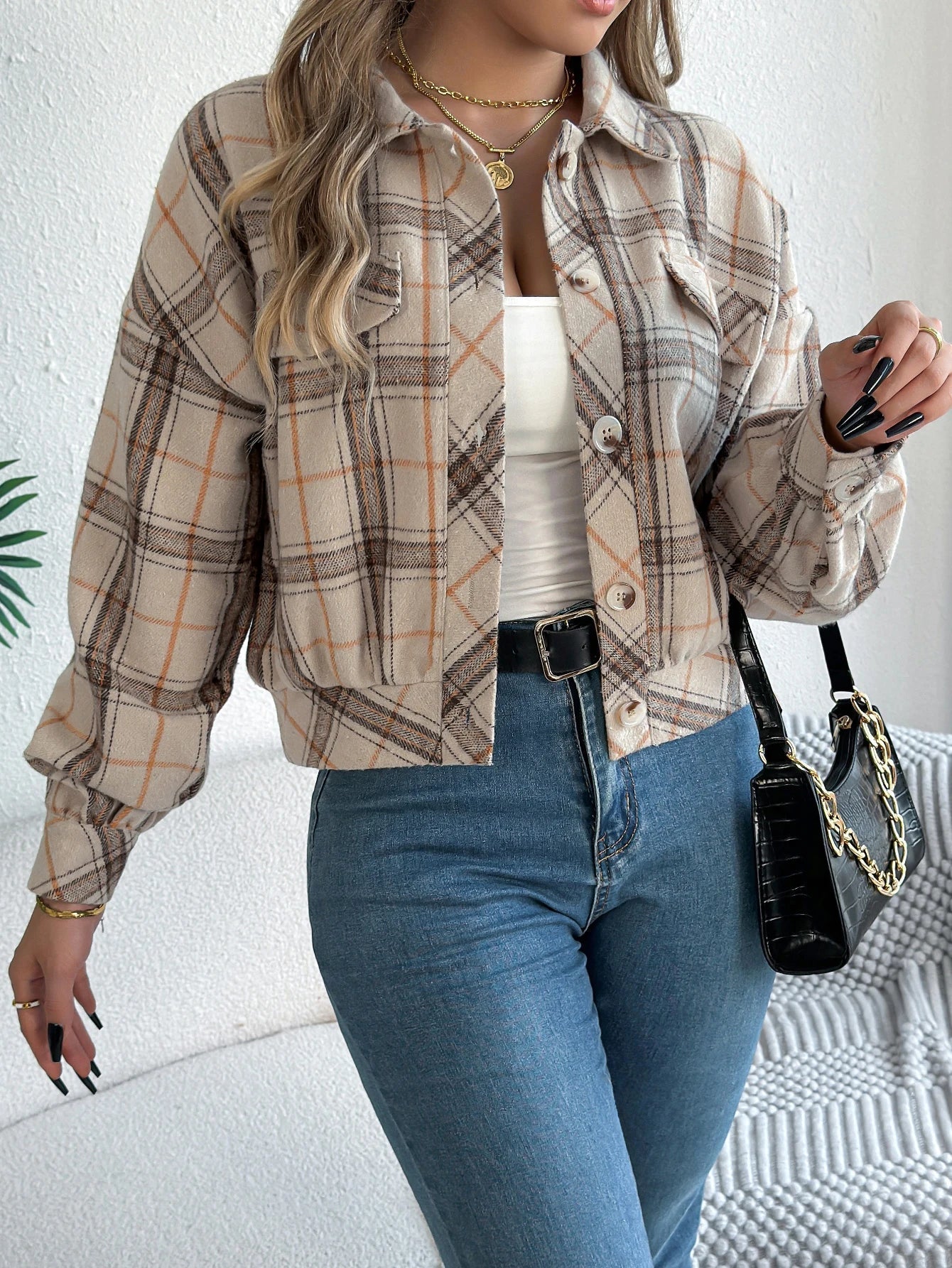 Cropped Plaid Shacket with Button Front and Chest Pockets