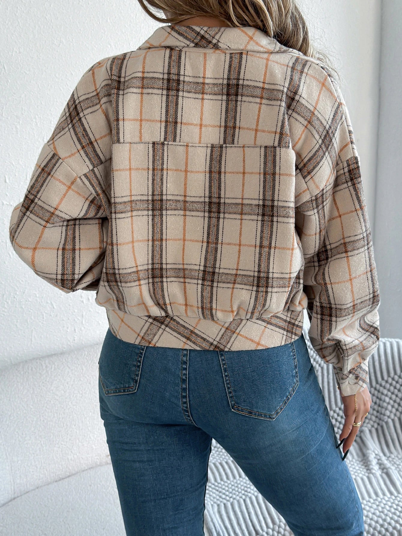 Cropped Plaid Shacket with Button Front and Chest Pockets