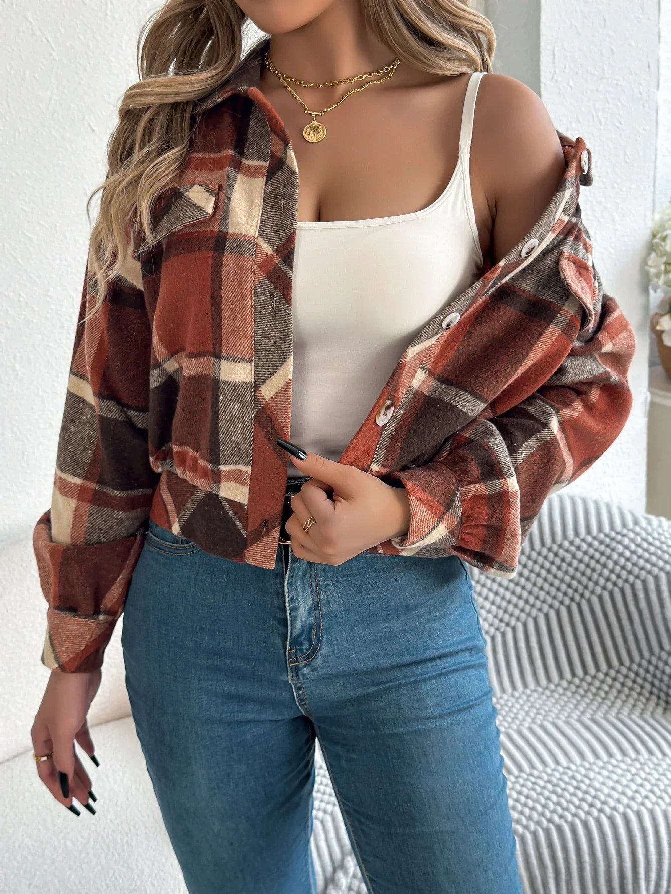 Cropped Plaid Shacket with Button Front and Chest Pockets