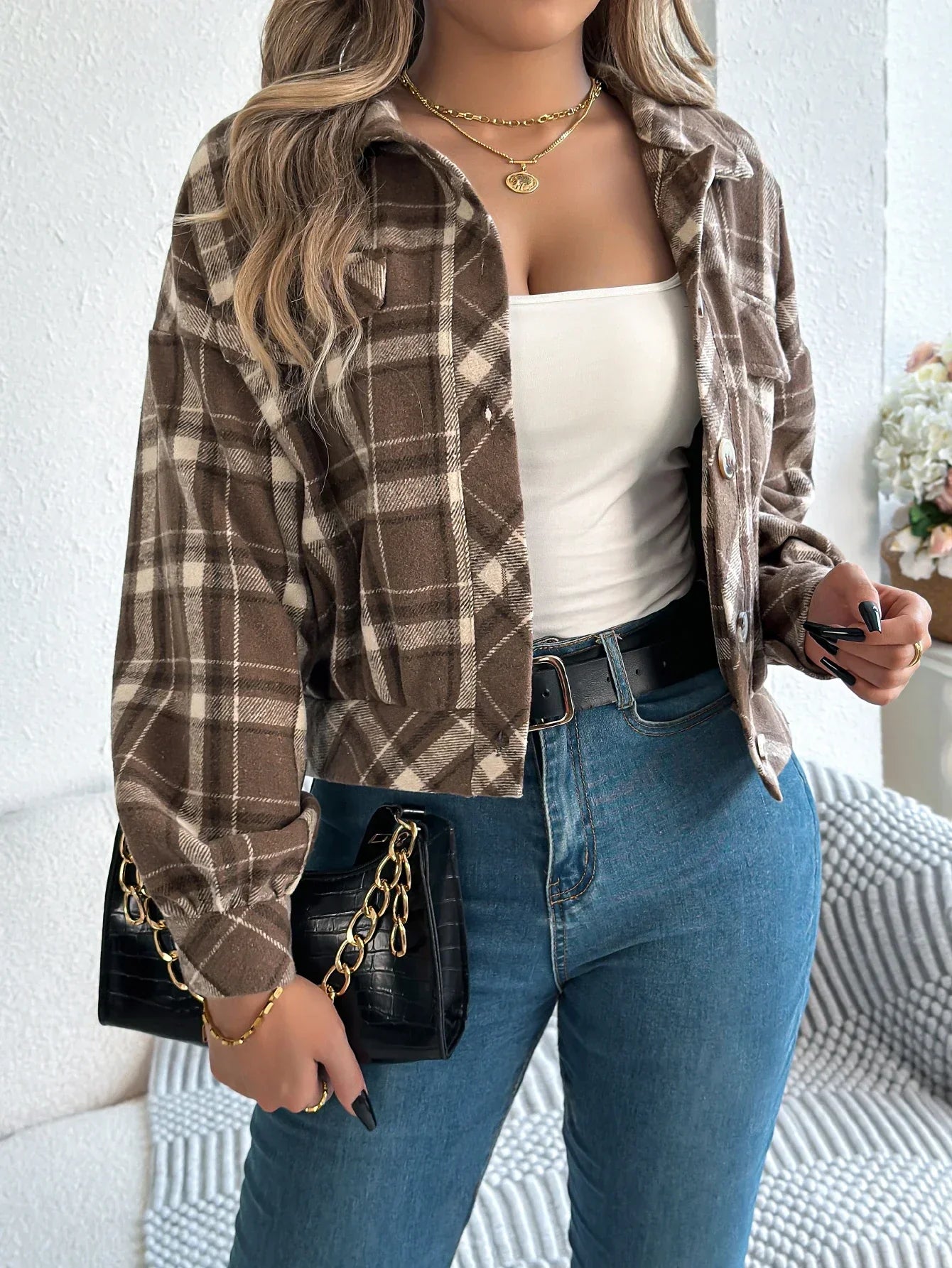 Cropped Plaid Shacket with Button Front and Chest Pockets