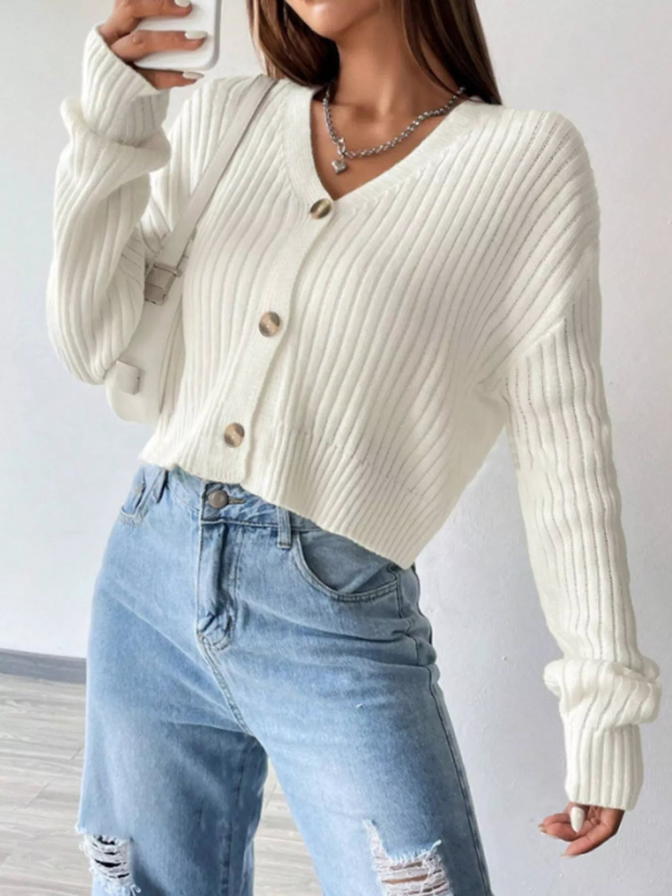 Cropped Ribbed Knit Cardigan with V-Neckline