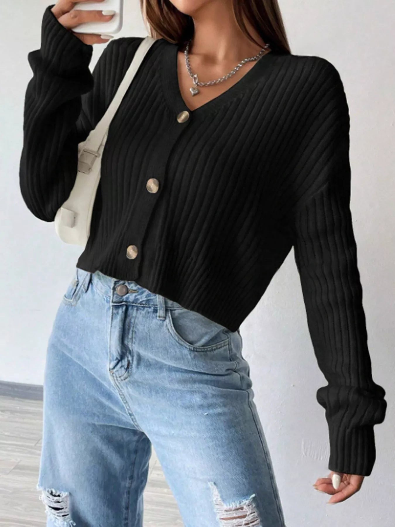 Cropped Ribbed Knit Cardigan with V-Neckline