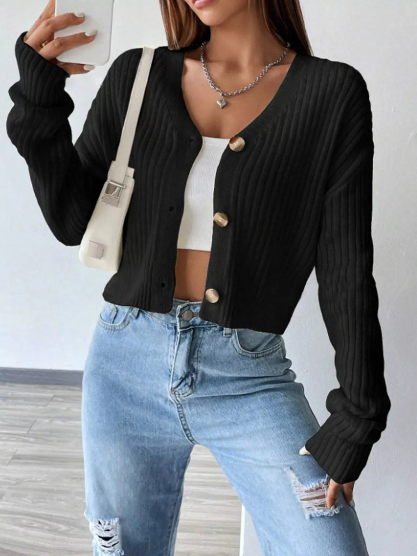 Cropped Ribbed Knit Cardigan with V-Neckline