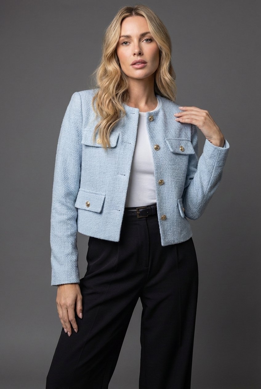 Cropped Tweed Blazer with Gold Buttons and Flap Pockets