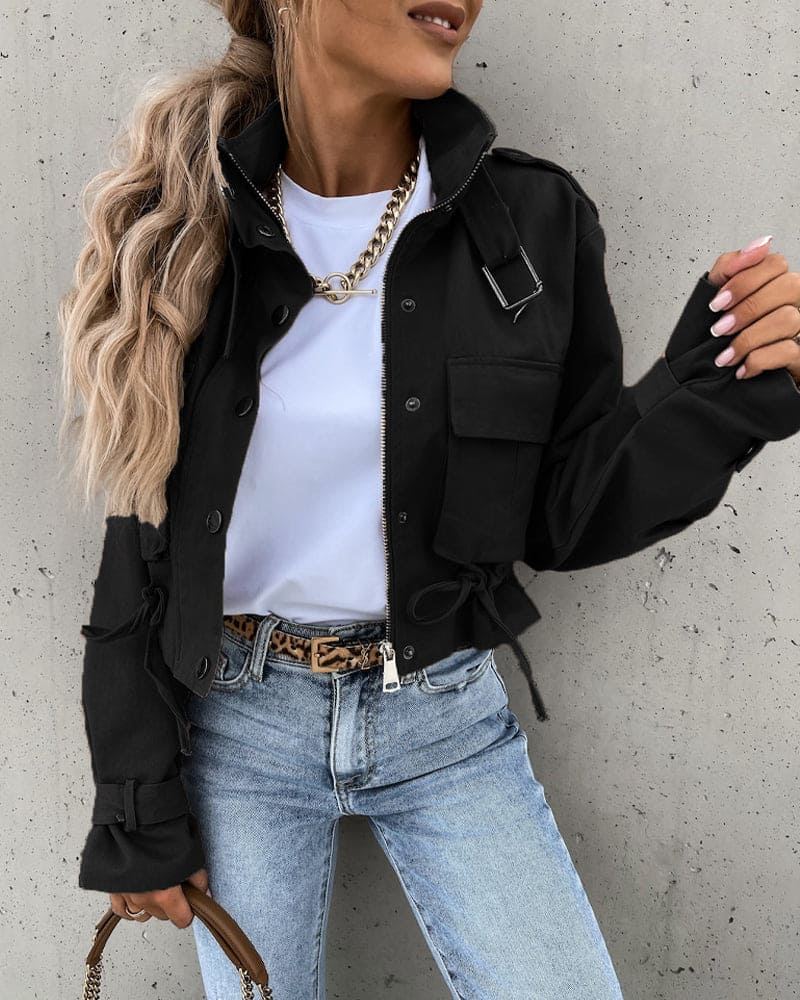 Cropped Utility Jacket with Zip and Snap Button Closure