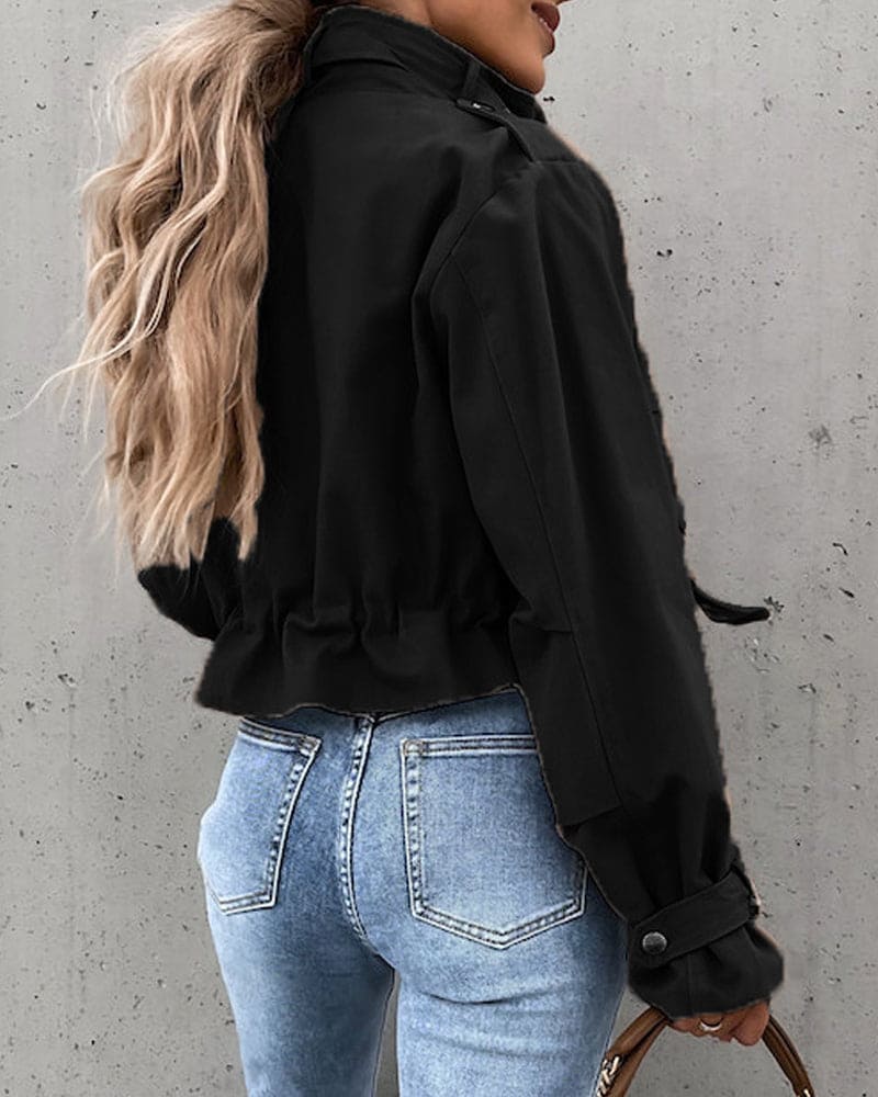 Cropped Utility Jacket with Zip and Snap Button Closure