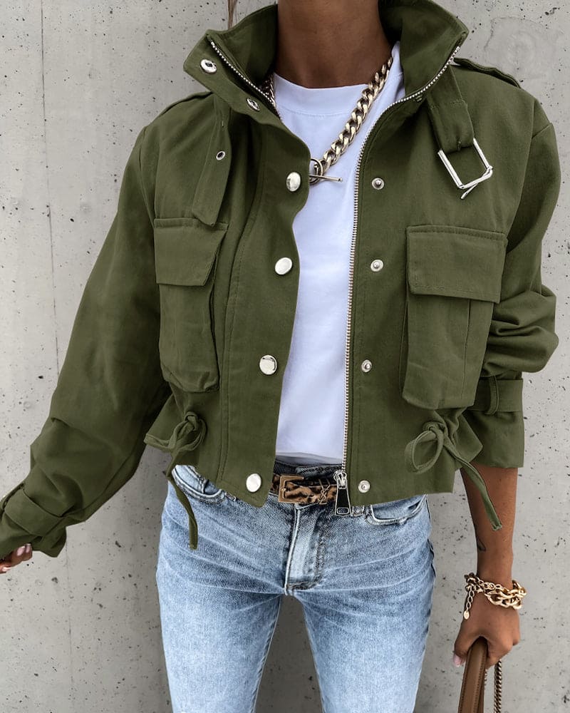 Cropped Utility Jacket with Zip and Snap Button Closure