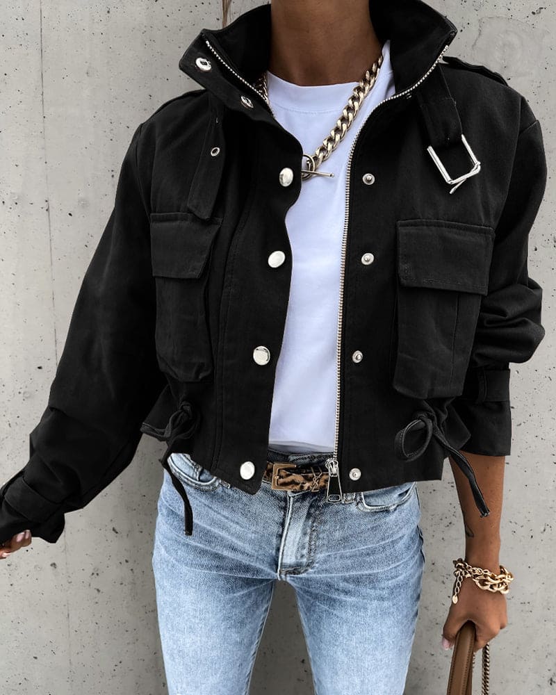 Cropped Utility Jacket with Zip and Snap Button Closure