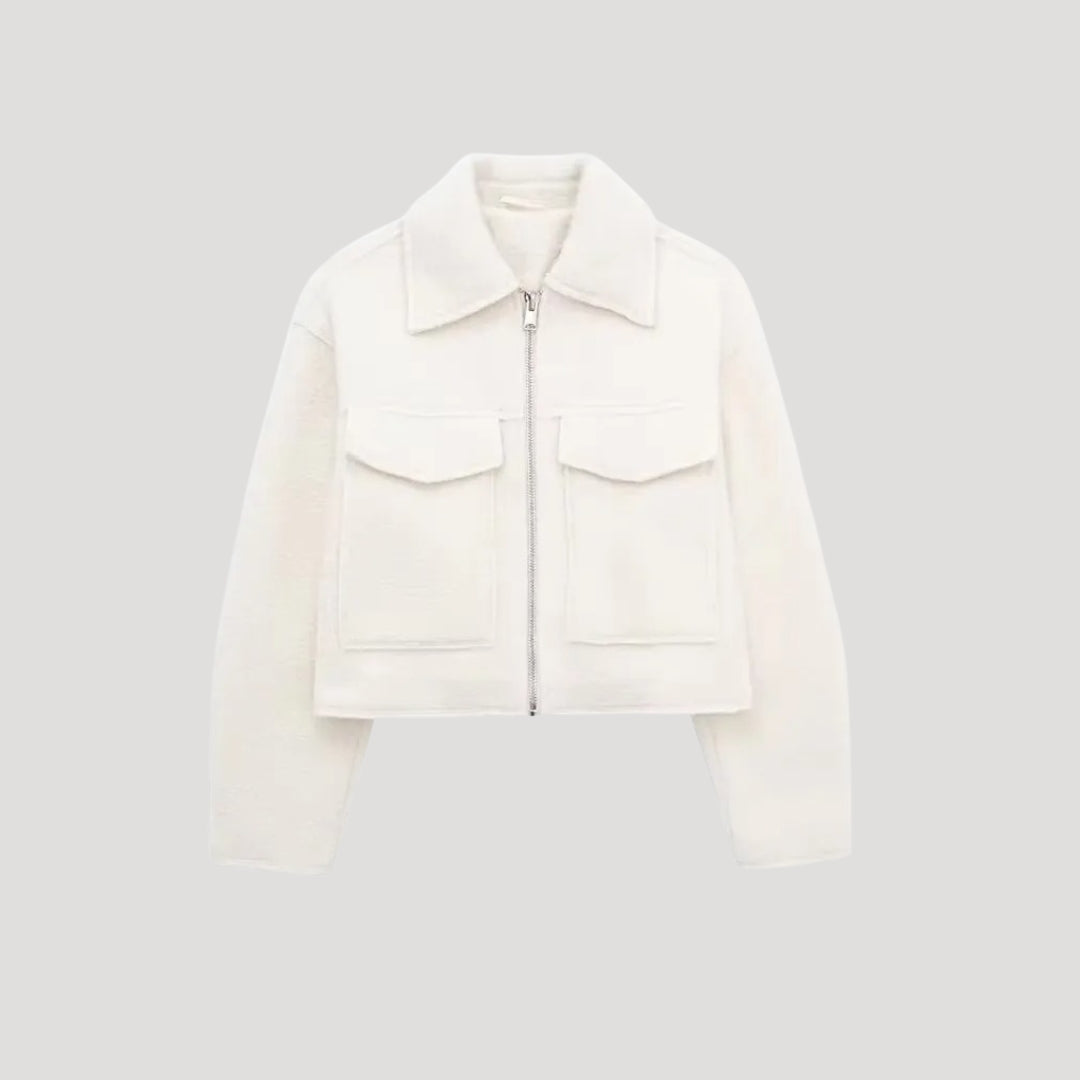 Cropped Wool Jacket with Large Chest Pockets and Structured Collar