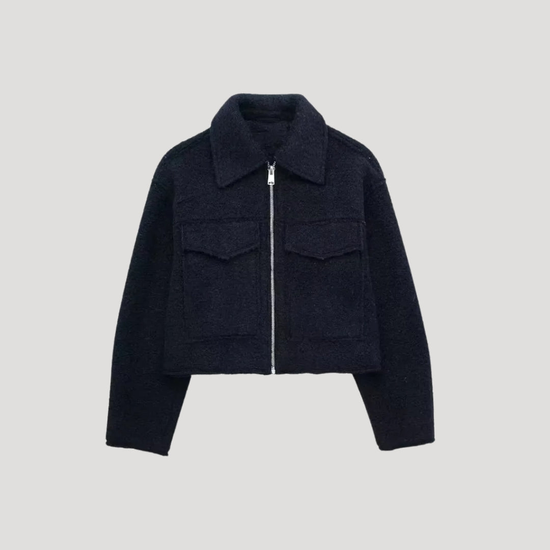 Cropped Wool Jacket with Large Chest Pockets and Structured Collar