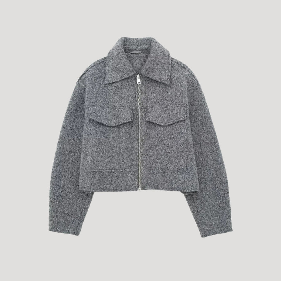 Cropped Wool Jacket with Large Chest Pockets and Structured Collar