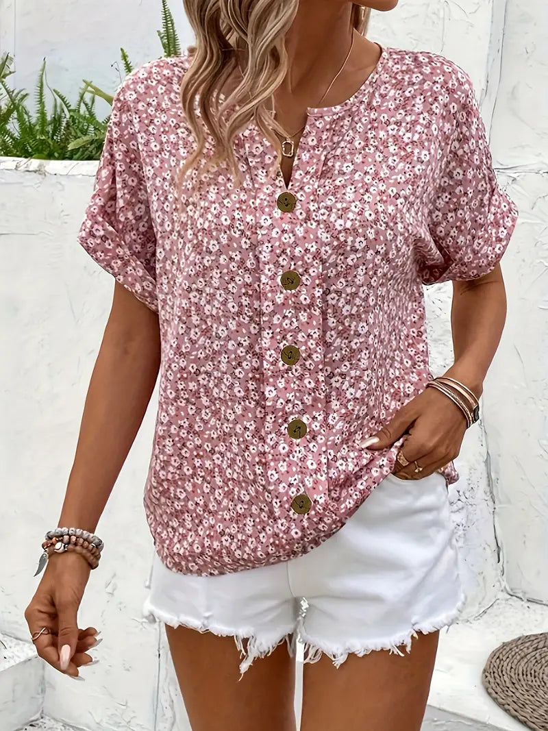 Ditsy Floral Button Front Blouse with Short Sleeves