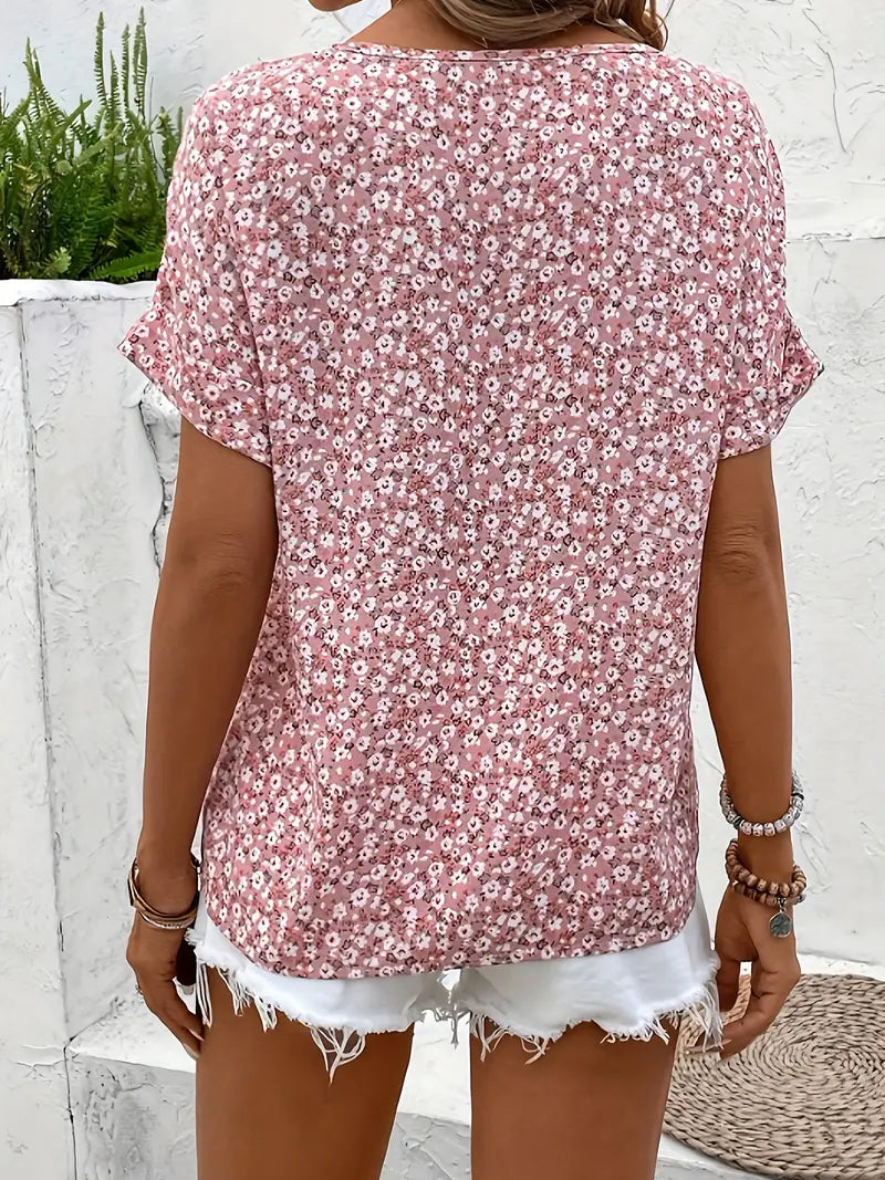 Ditsy Floral Button Front Blouse with Short Sleeves