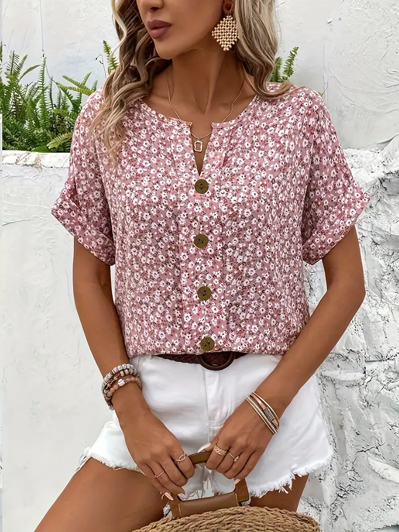 Ditsy Floral Button Front Blouse with Short Sleeves