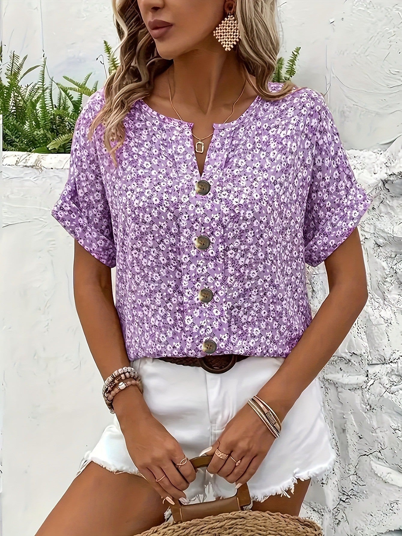 Ditsy Floral Button Front Blouse with Short Sleeves