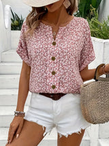 Ditsy Floral Button Front Blouse with Short Sleeves