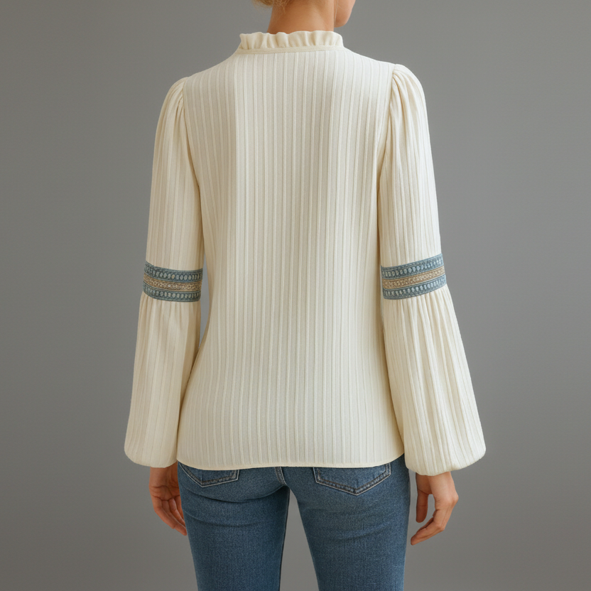 Elegant Blouse with Embroidered Trim and Puff Sleeves