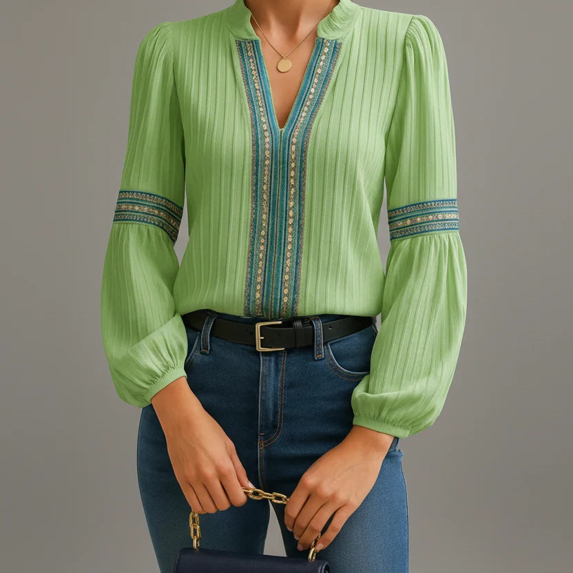 Elegant Blouse with Embroidered Trim and Puff Sleeves