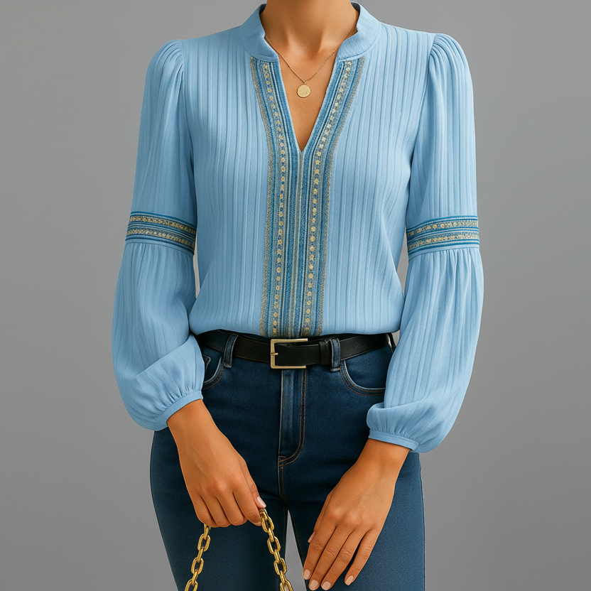 Elegant Blouse with Embroidered Trim and Puff Sleeves