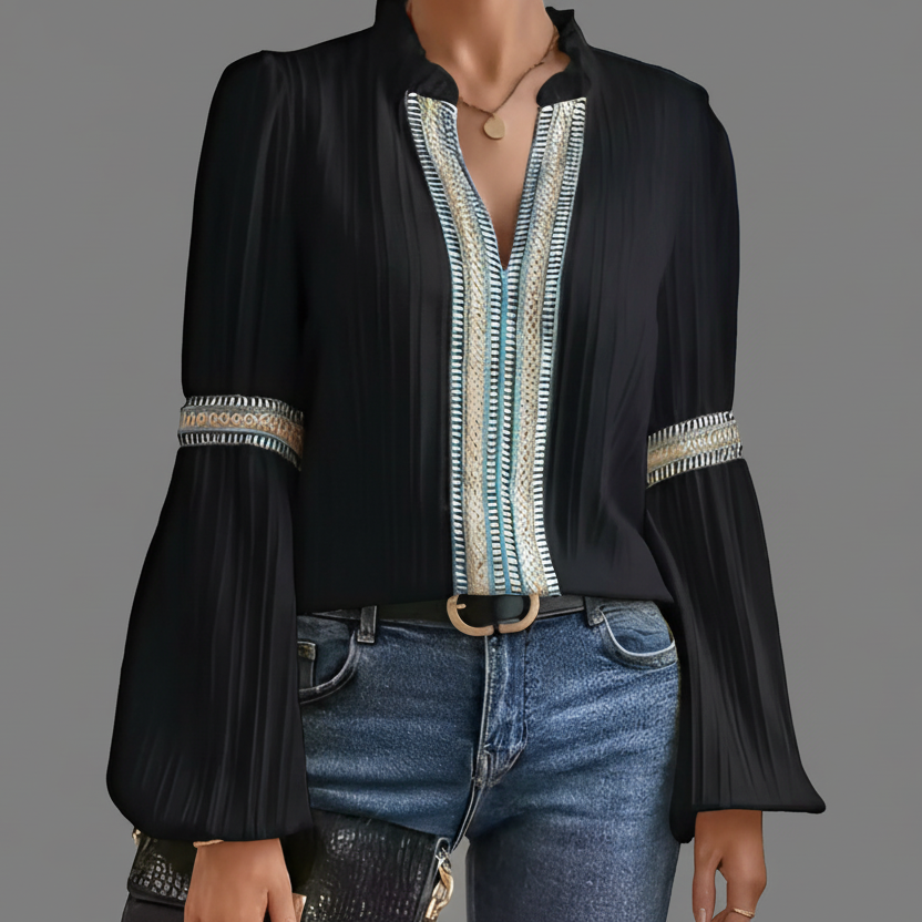 Elegant Blouse with Embroidered Trim and Puff Sleeves